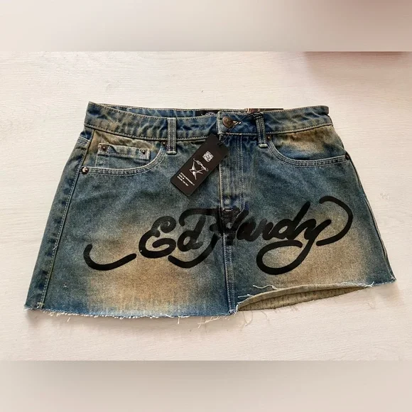 BNWT!! Ed Hardy Blue Denim Skirt with Graphic Design
